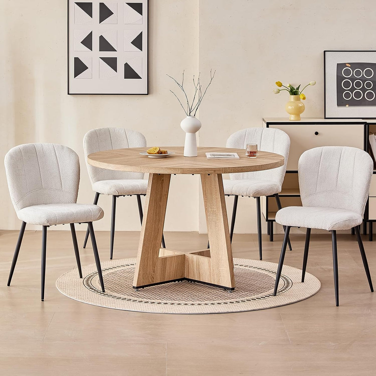 47" Round Dining Table for 4 6 People, [Fanned Base] [1.38" Thick Top] Farmhouse Wood Kitchen Table for Dining Living Room Home, Natural