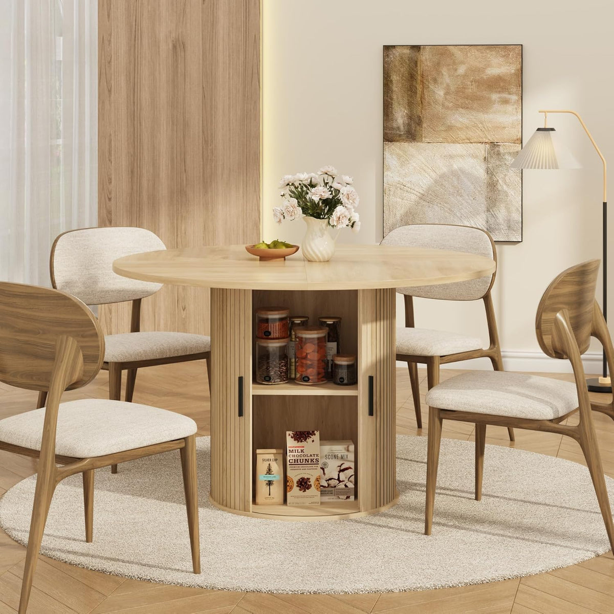 GarveeHome 47'' Round Dining Table with Hidden Storage for 4, Kitchen Dining Room Circle Dinner Pedestal Table with Slide Door Shelf, Space Saving Wood Furniture for Small Spaces, Dining Room, Natural