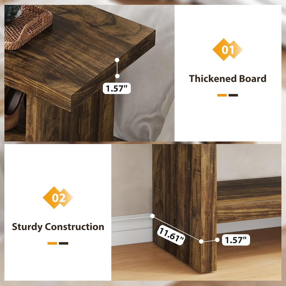 2 Tier Entryway Bench, 47.24" Shoe Bench, Rustic Shoe Rack, Wooden Storage Bench for Entryway Hallway Living Room Bedroom, Easy Assembly, Rustic Brown