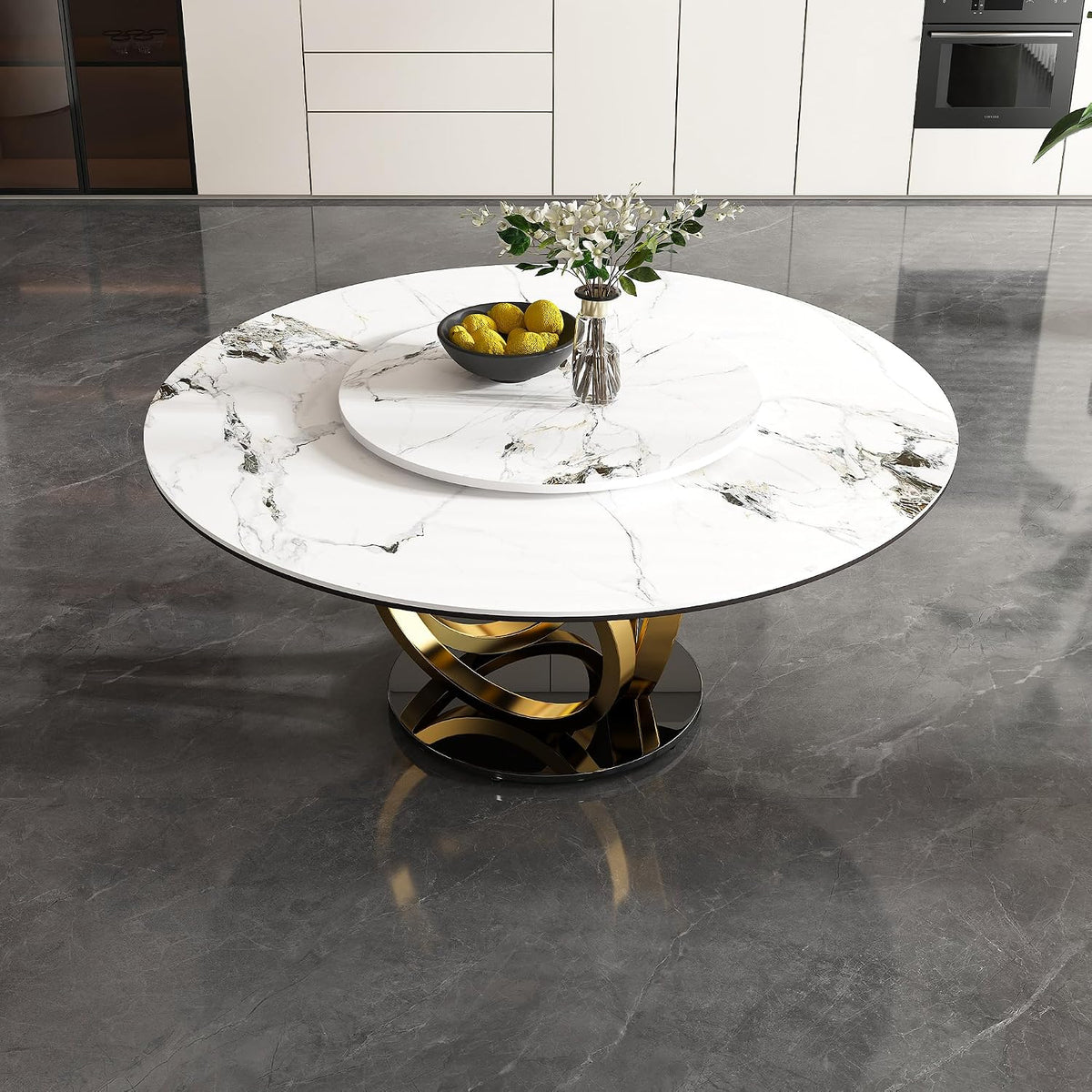Montary 53” Modern Round Dining Table for 4-8 Seat, Artificial Marble Dining Room Table with Lazy Susan, 3 Gold Circles Stainless Steel Base, Sintered Stone Top Dining Table (Only Table)