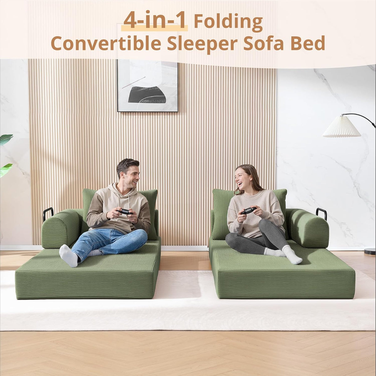 4-in-1 Folding Convertible Sofa Bed, 78 Inch Oversized Corduroy Loveseat Sleeper with Pull Out Bed, Futon Couch for Living Room Bedroom, No Assembly Needed, Olive Green