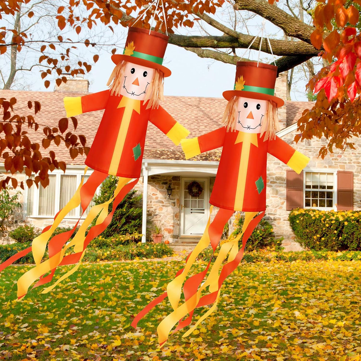 2 Pcs Fall Thanksgiving Scarecrows Windsocks Decoration 40'' Vintage WindSocks for Thanksgiving Decorations Outdoor Hanging Scarecrow for Thanksgiving Party Home Farmhouse Yard Window Decor