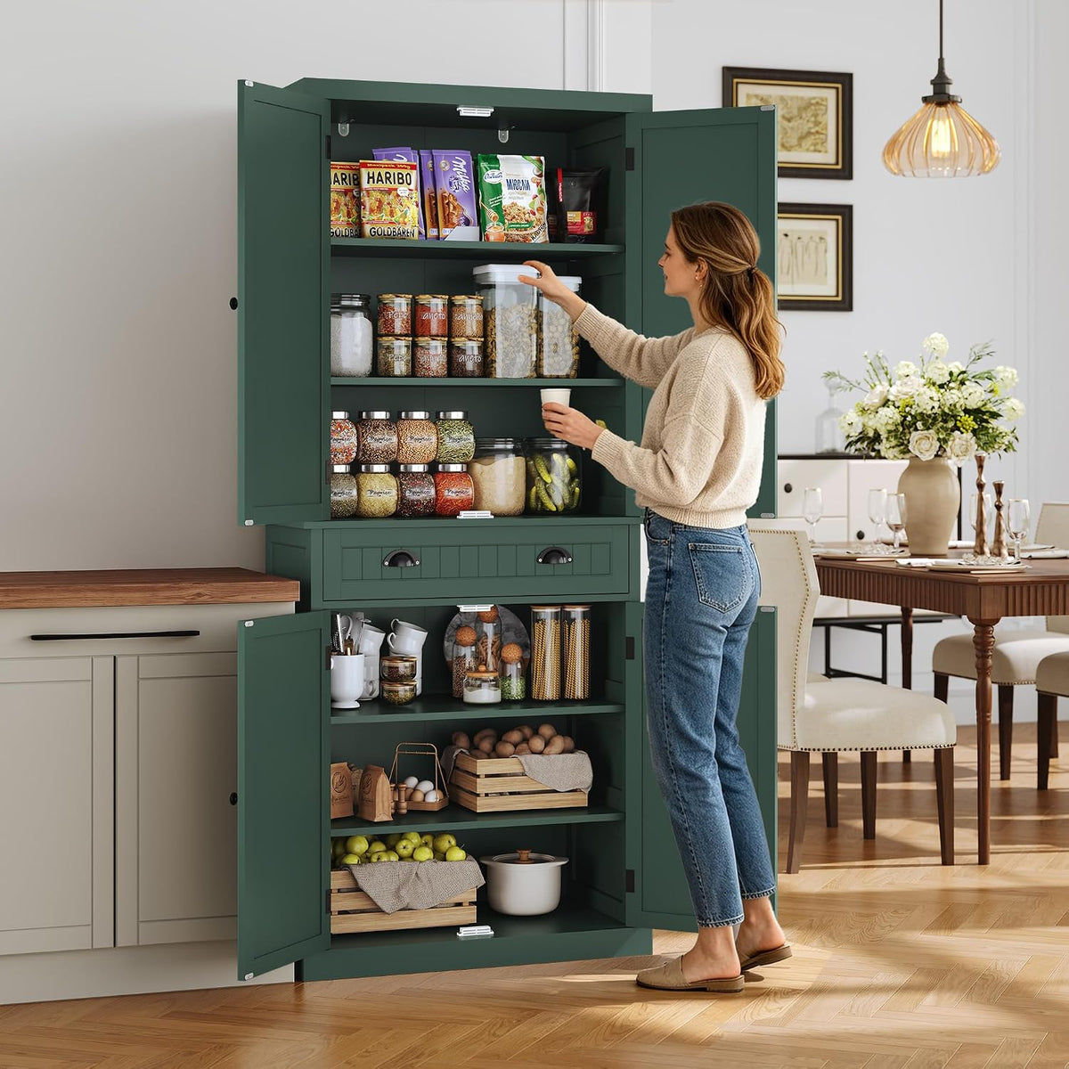 ARTPOWER 72" Tall Kitchen Pantry Storage Cabinet with Drawer and Adjustable Shelves, Pantry Cabinet for Kitchen, Bathroom or Hallway, Green