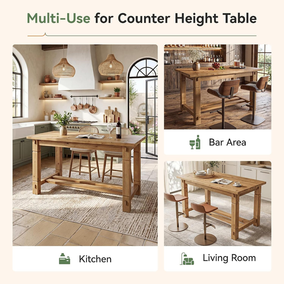 59.05" Solid Wood Home Kitchen Island with Spacious Tabletop | Counter Height Table, Sturdy Frame, Easy to Assemble, Farmhouse Style, Stationary Island for Home, Dining Room, Rustic Brown