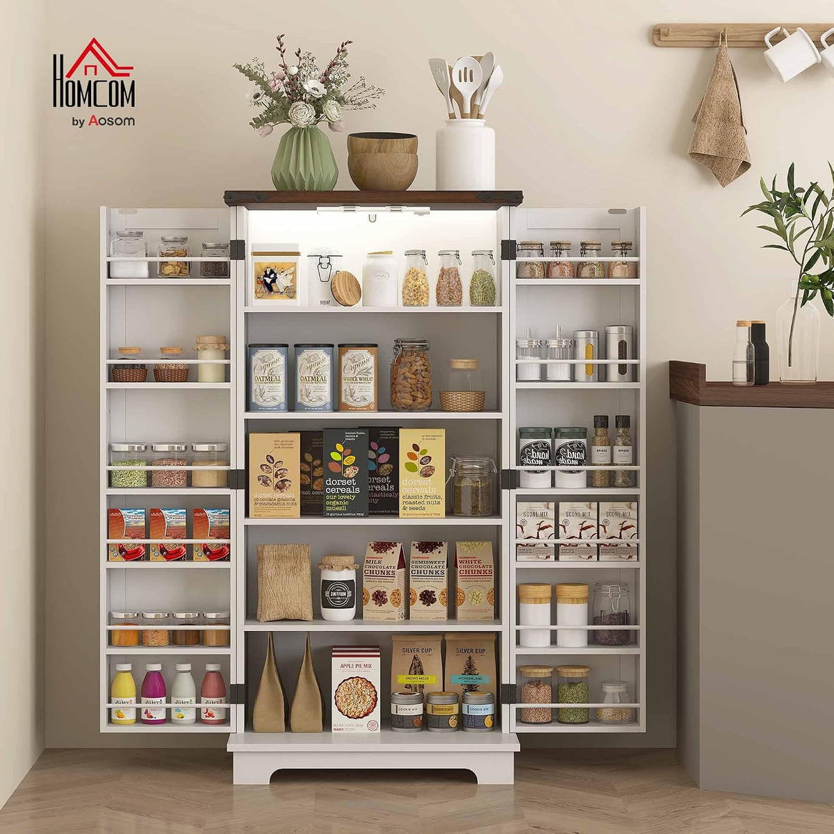 HOMCOM 47" LED Kitchen Pantry Cabinet with Barn Door 5 Deep Shelves White | Farmhouse Storage Cabinet, 12 Door Shelves, Freestanding Food Pantry