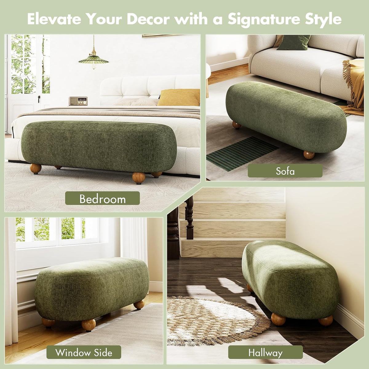 Hyfirm 54" Green Chenille Upholstered Bench – End of Bed Ottoman with Round Solid Wood Legs, Long Oval Footstool for Entryway & Hallway, Padded Seat (No Back)