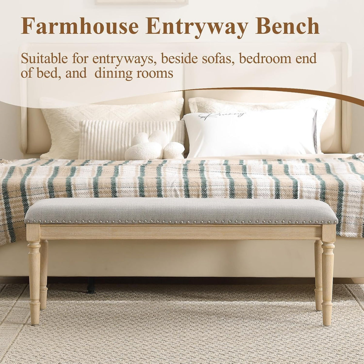 46'' French Country Entryway Bench Wooden Linen Fabric Upholstered Seat Dinng Bench with Nailhead Trim for Hallway End of Bed, Grey