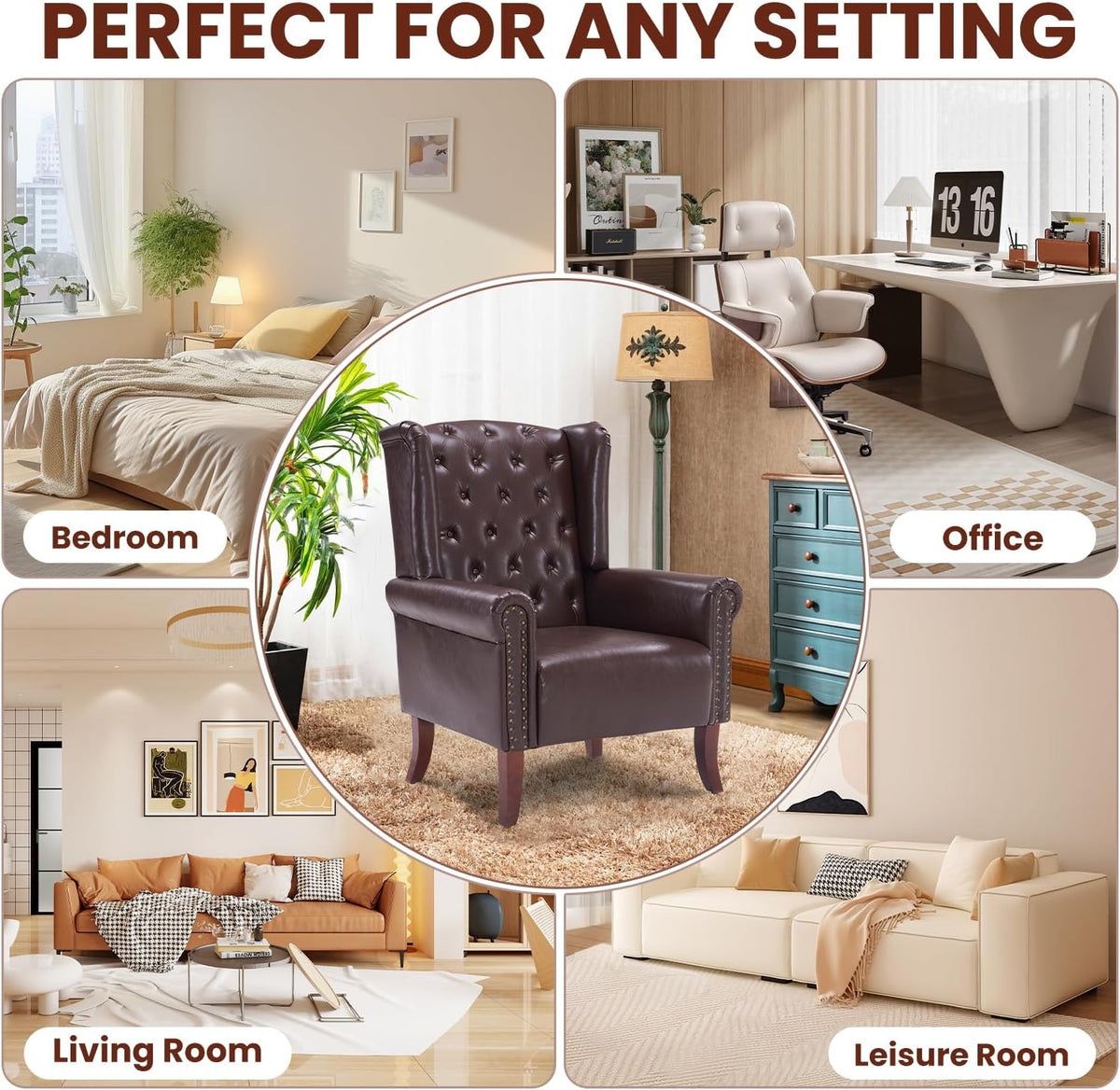 Modern Accent Chair Set of 2, Mid-Century Faux Leather Armchair Upholstered Club Sofa Chair with Wooden Legs, High Back Living Room Chair for Bedroom, Office, Lounge (Caramel)