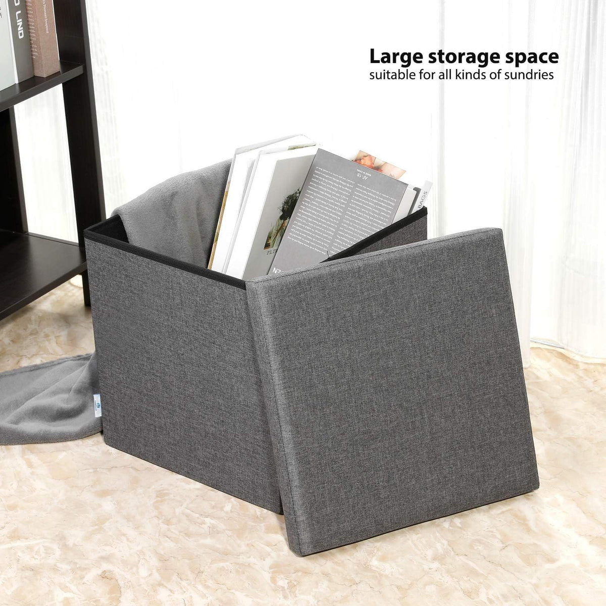 B FSOBEIIALEO Storage Ottoman with Tray, Linen Small Coffee Table Folding Foot Rest Seat Cube, Dark Grey 16"X15.7"x15" Double (2 Pack)