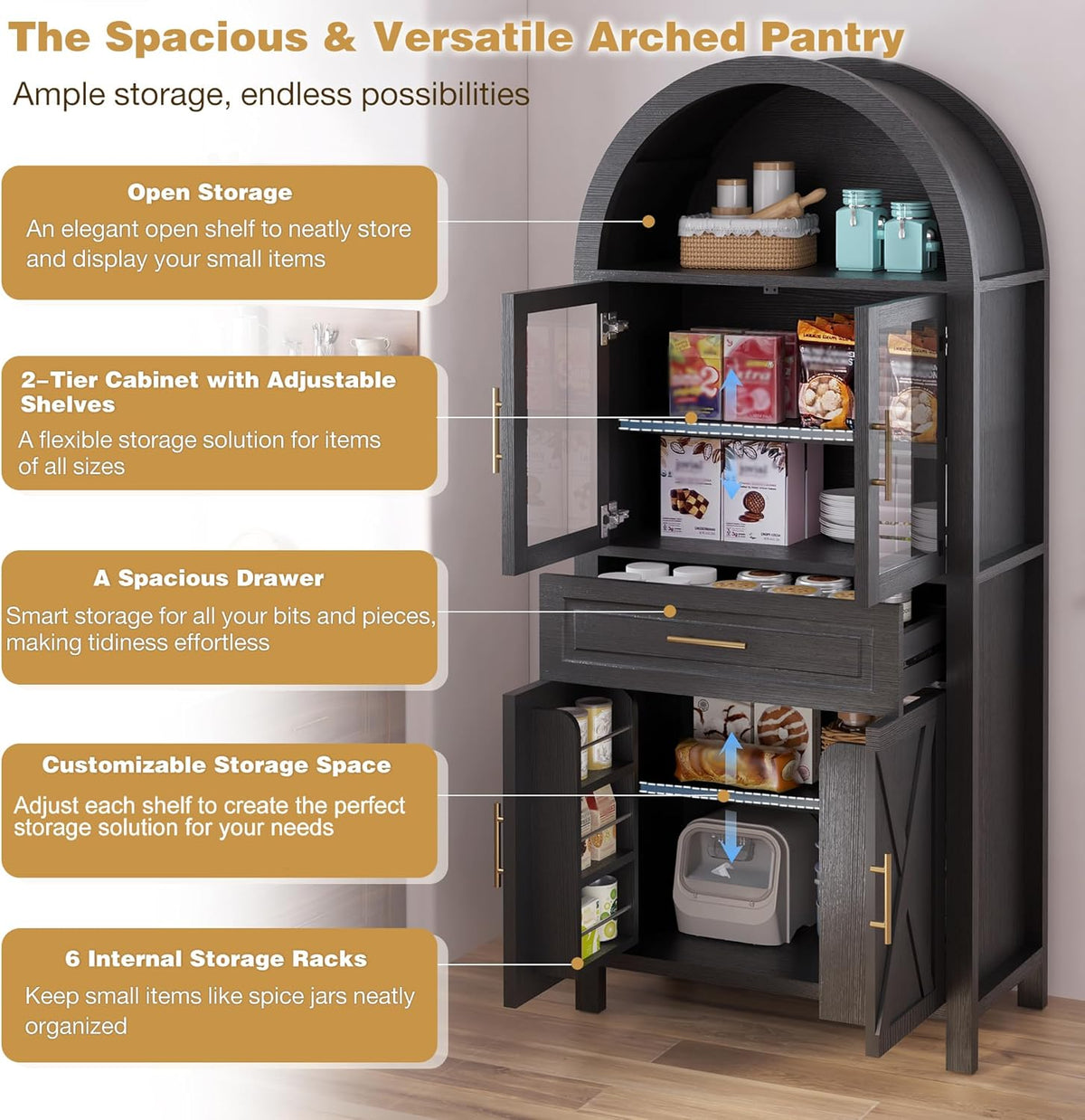 71" Tall Arched Kitchen Pantry with Glass Door, Farmhouse Storage Cabinet with Adjustable Shelves & Barn Door for Kitchen, Living Room, Dining Room, Black