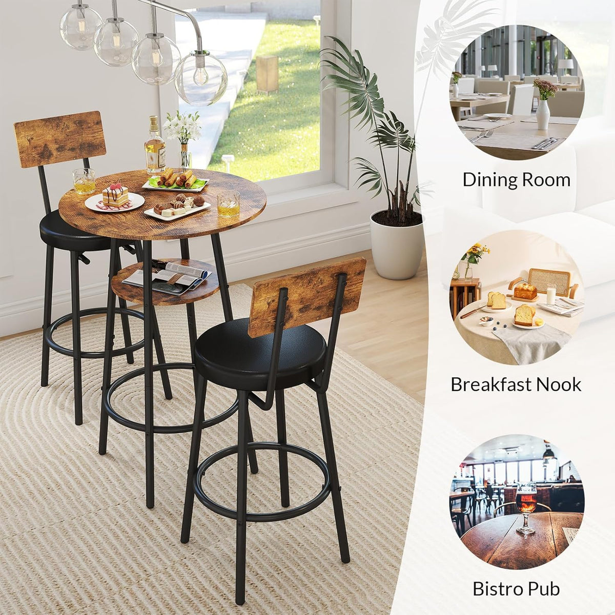 Zevemomo 3 Pieces Round Bar Table Set, Small Dining Table for 2, Modern Kitchen Bar Table, Breakfast Table with Storage, 2 Thickened Cushion Stools with Backrest for Dining Room, Bistro-Brown