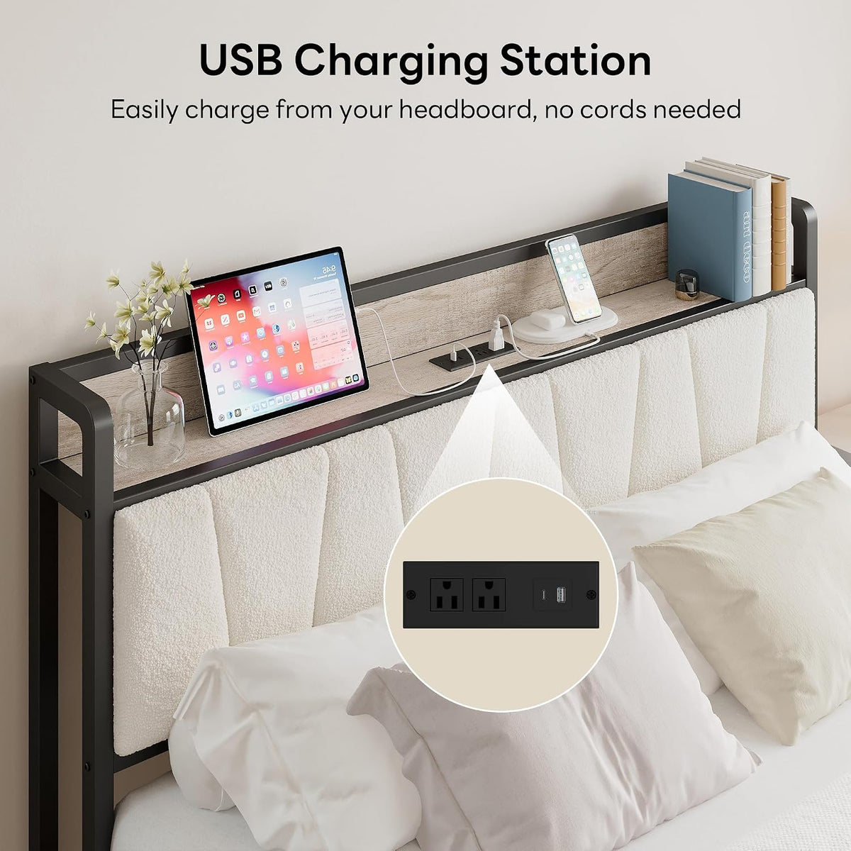 LIKIMIO Queen Bed Frame with Storage Headboard and Charging Station