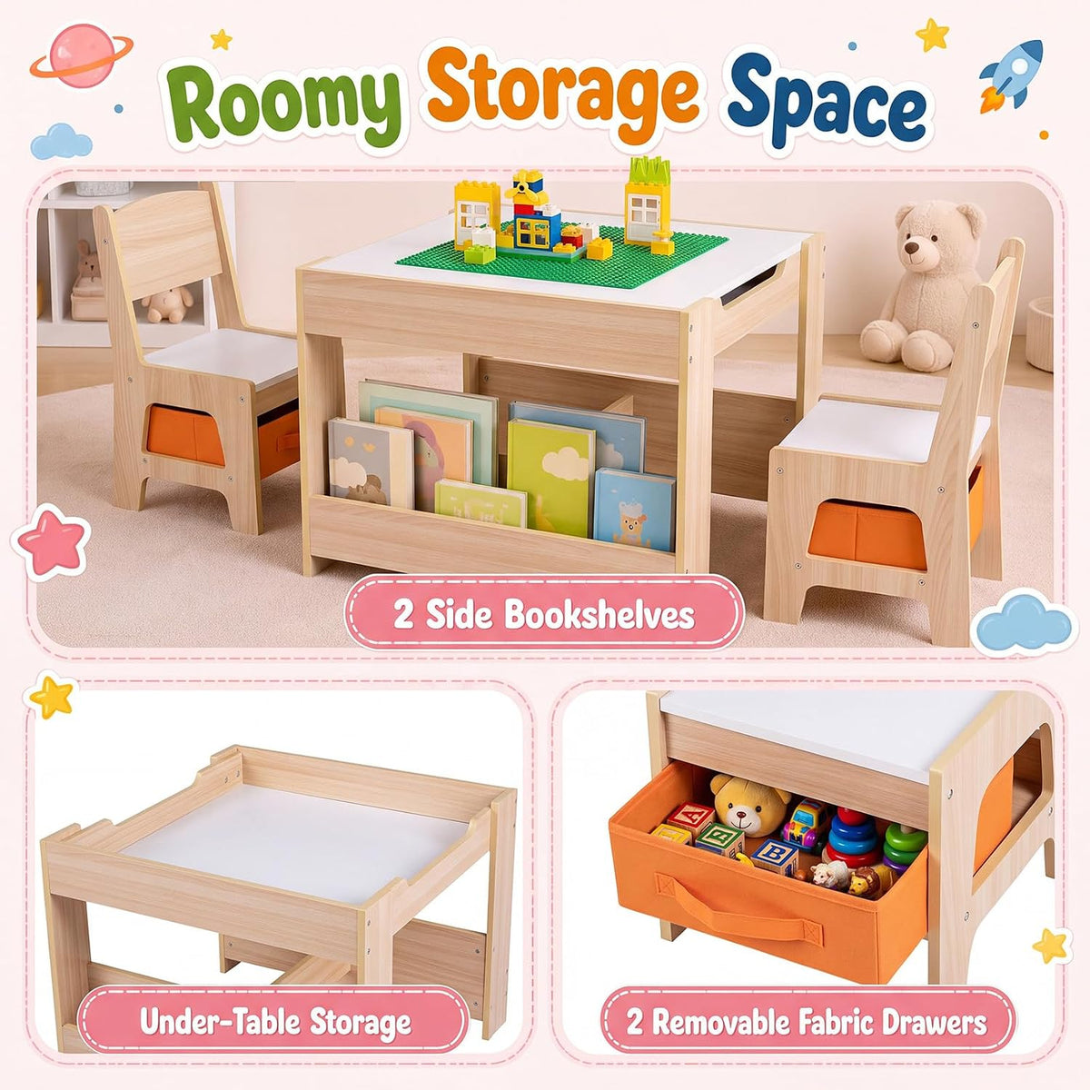 Costzon 4 in 1 Kids Table and Chairs with Building Blocks (Natural) | Wooden Toddler Activity Table Set w/ Detachable Graffiti Tabletop, Blackboard and Storage Drawers for Play, Arts & Crafts
