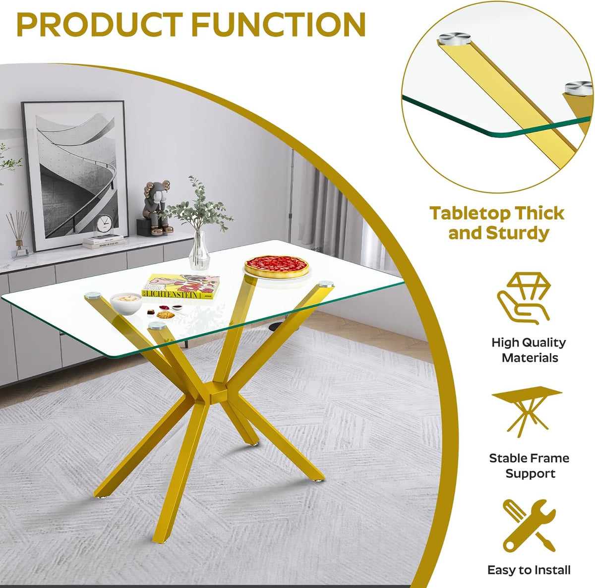 5-Piece 47" Dining Table with 4 PU Leather Chairs, Modern Dining Table Set for 4, Rectangle Kitchen Table with Golden Metal Legs for Dining Room, Kitchen(Black)