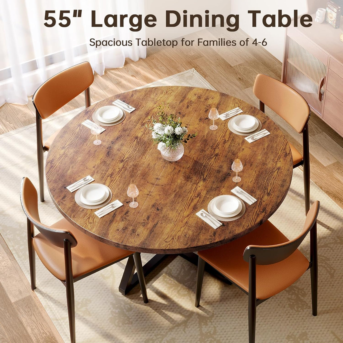 Concho 55" Round Kitchen Table for 4-6, Circle Dining Dinner Table with Pedestal Metal Frame, Space Saving Wood Kitchen & Dining Room Furniture, Rustic Brown