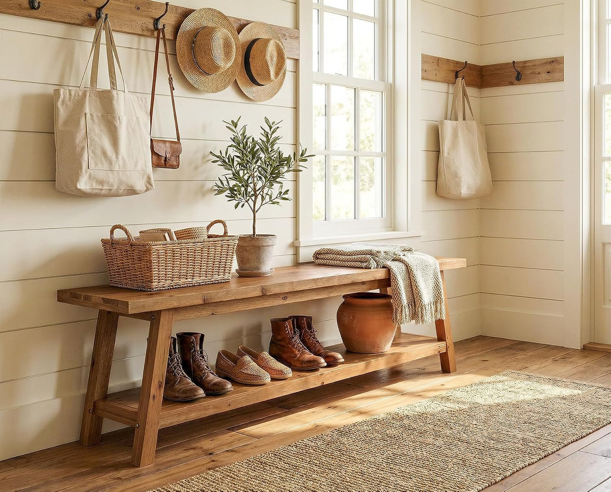 Solid Wood Entryway Bench with Shoe Storage Shelf, 62.99" Long Rustic Hallway Shoe Bench, Natural Wood Mudroom Window Seating, 400 lbs Capacity
