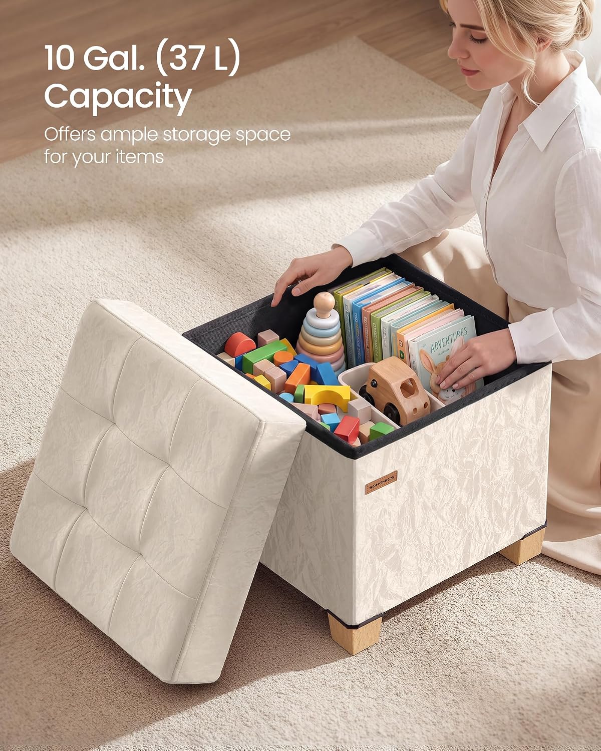 SONGMICS Storage Ottoman, Textured PU Leather Footstool with Legs, Footrest with Cushion, for Living Room and Bedroom, 15 x 15 x 15.7 Inches, White, Minota Collection ULSF523WD01