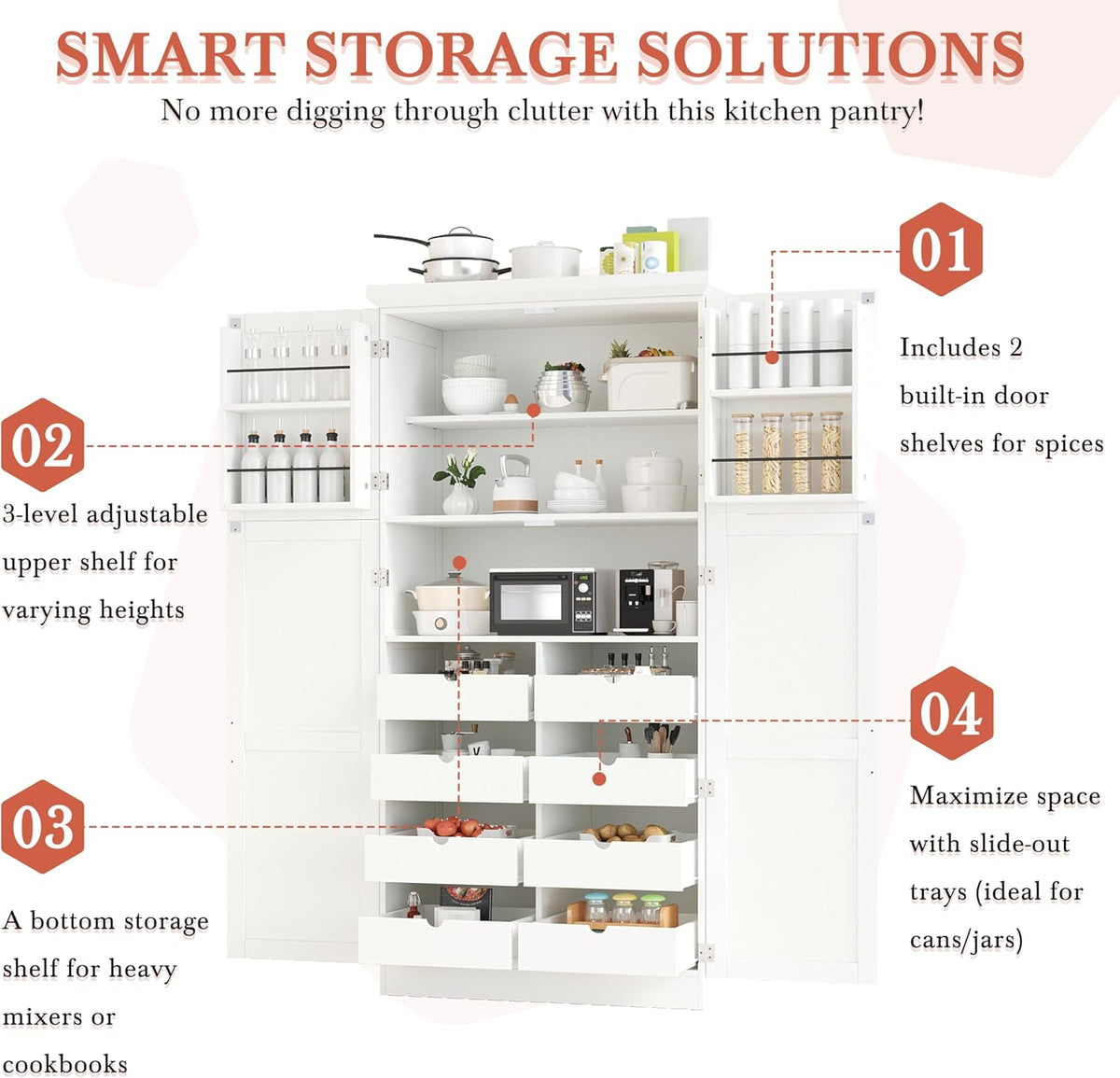 LUMISOL Kitchen Pantry Cabinet, 70.9" Tall Cupboard Storage Cabinet with Adjustable Shelves and Door Shelves, Freestanding Kitchen Hutch with 8 Pull-Out Trays for Dining Room Living Room, White