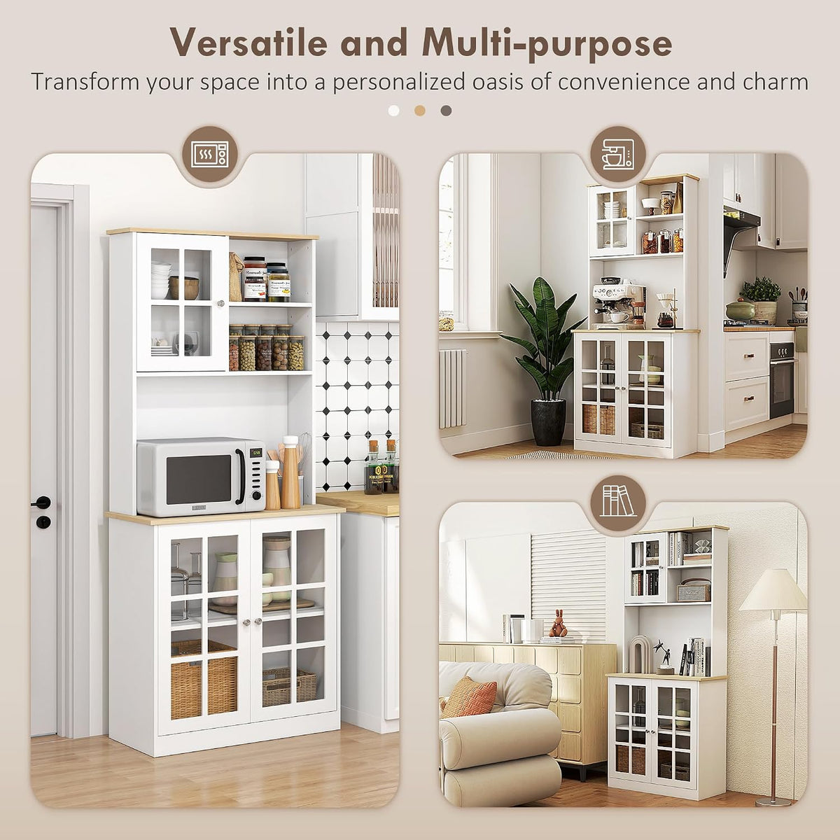 HOMCOM Kitchen Pantry Storage Cabinet 72" with Hutch, White | Large Countertop, Freestanding, Glass Doors, Adjustable Shelves, Dining Room