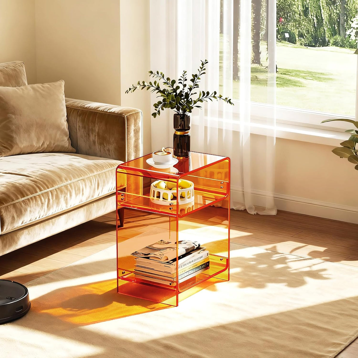 Acrylic Record Player Table with Storage Shelf, Clear Side Table Nightstand (Orange, Medium)