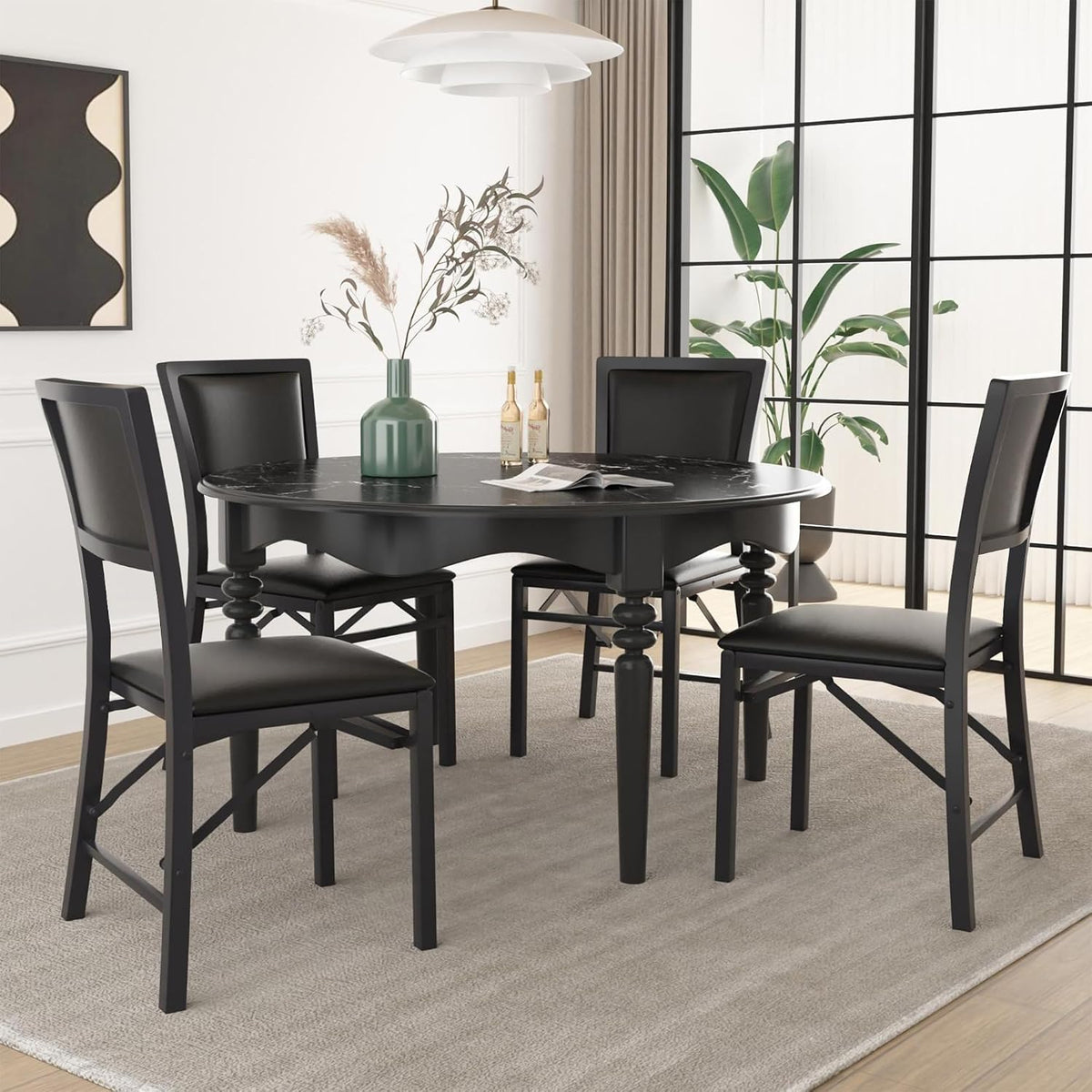 VECELO Folding Dining Chairs Set of 4, Metal Padded Foldable Seating with Comfortable Faux Leather, Space-Saving Portable Guest Seats for Kitchen & Office, No Assembly, Black