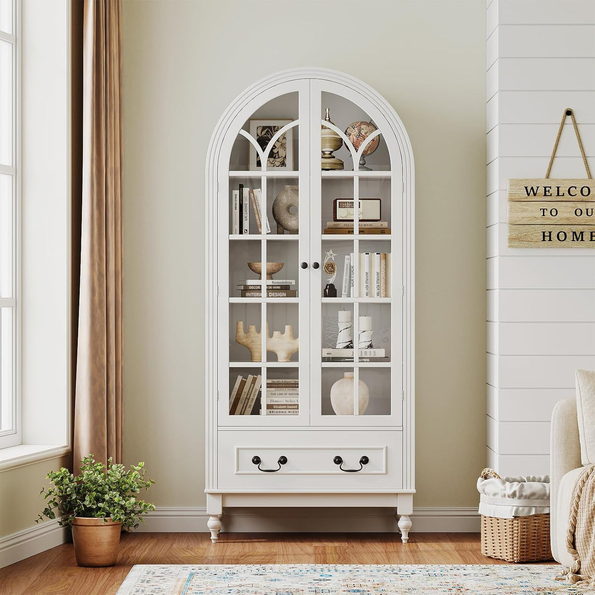 LIVAUVEAD 67" Tall Arched Kitchen Pantry Cabinet with Hidden Drawers & Adjustable Shelves, Bookshelf with Glass Door, Arched Cabinet for Kitchen, Dining Room