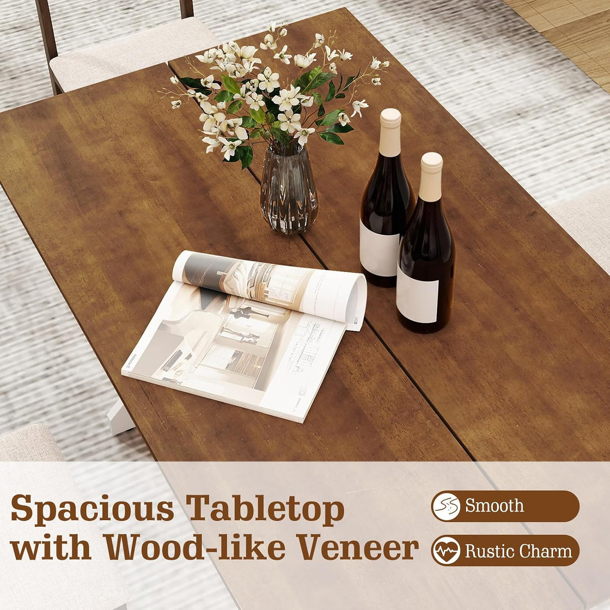 Tangkula 55 Inch Dining Table for 4-6 People, Rectangular Kitchen Table with Solid Wood Trestle Base, Large Farmhouse Modern Diner Table for Home Dining Room Living Room
