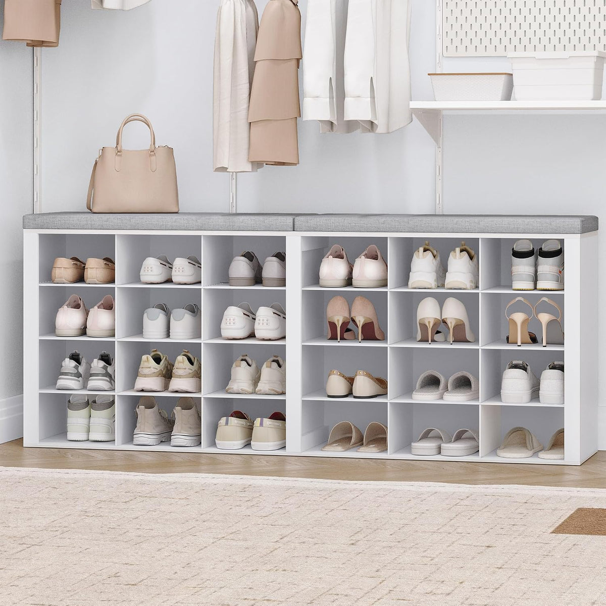 Hzuaneri Shoe Storage Bench with Cushion, Entryway Storage Bench with 24 Cubbies, 9.5" Widened Organizer Cabinet, Long Cubby Rack for Living Room, Bedroom, Entryway, White SB32403GY
