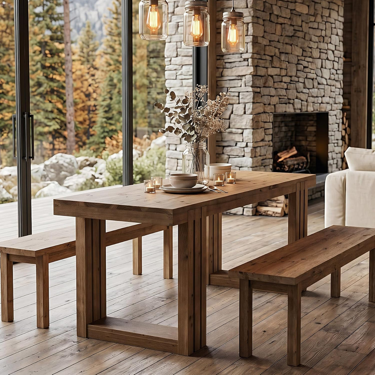 LITTLE TREE Solid Wood Dining Table, 61.8” Dining Table for 4-6 People, Rectangular Wood Kitchen Table, Farmhouse Dinner Table with U-Shaped Legs for Kitchen, Dining Room, Kitchen, Rustic Brown