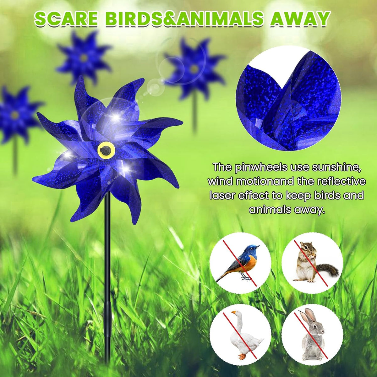 10 PCS Reflective Pinwheels for Yard and Garden Bird Devices Pre-Installed Sparkly Wind Spinner Deterrent to Scare Birds Away from Yard Patio Farm (Blue)