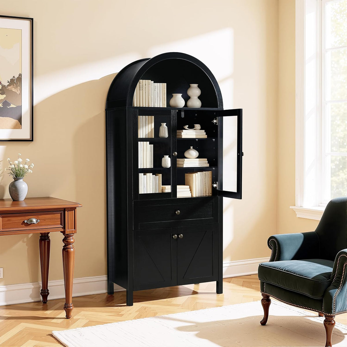 JIJIWANG Dome Kitchen Pantry Storage Cabinet with Doors & Adjustable Shelves,Farmhouse Large Sideboard Buffet with Drawer for Kitchen Living Room,Black