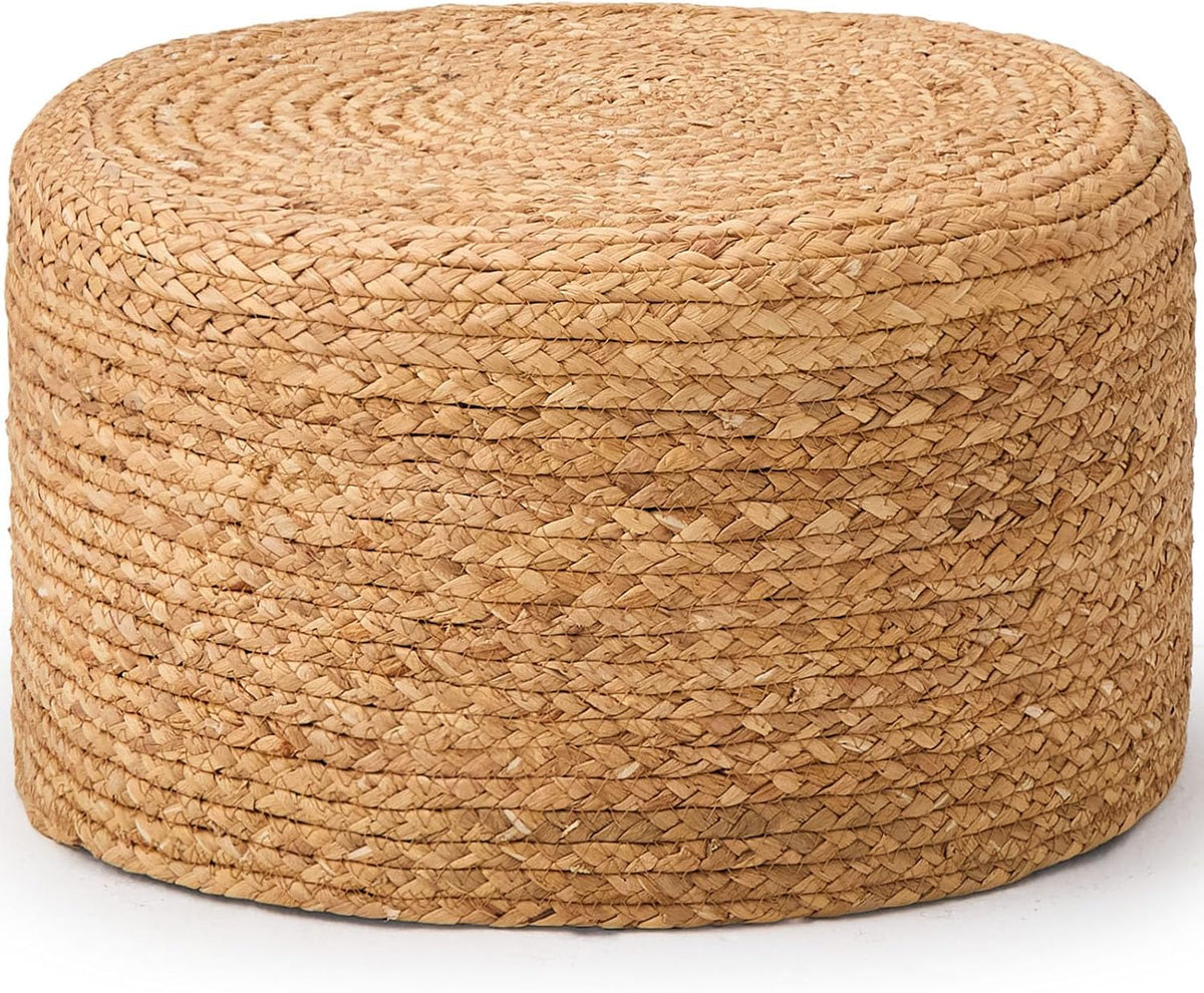 Wimarsbon Round Pouf Ottoman, Natural Hand Knitted Footrest Poof, Rustic Lounge Pouffe, Boho Pous Foot Stool, Accent Table or Seat (Natural Water Hyacinth, 17.7 * 17.7 * 9.84)