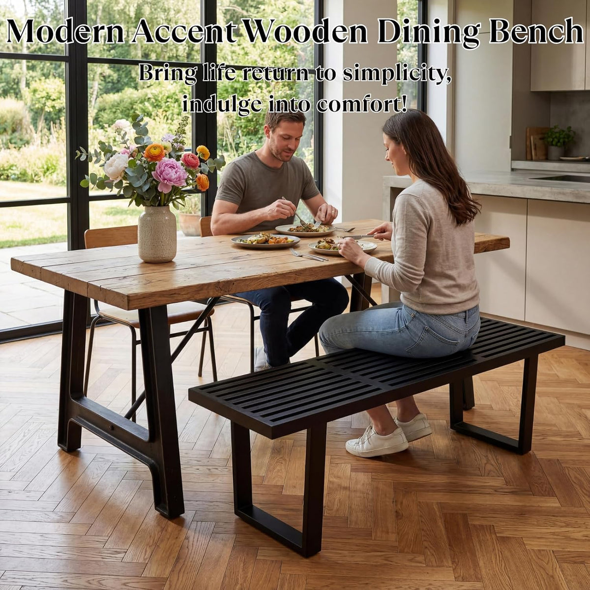 Wooden Dining Bench 55”Industrial Entryway Bench, Modern End of Bed Bench for Bedroom/Hallway, Black Solid Wood Bench with W/Metal Legs for Dining Room/Living Room, Kitchen