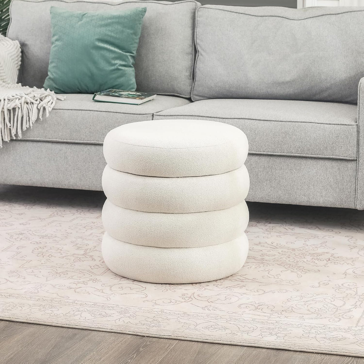Asense Round Storage Ottoman,Footstool with Removable Lid, Vanity Stool, Modern Upholstered Footrest for Bedroom Living Room Entryway