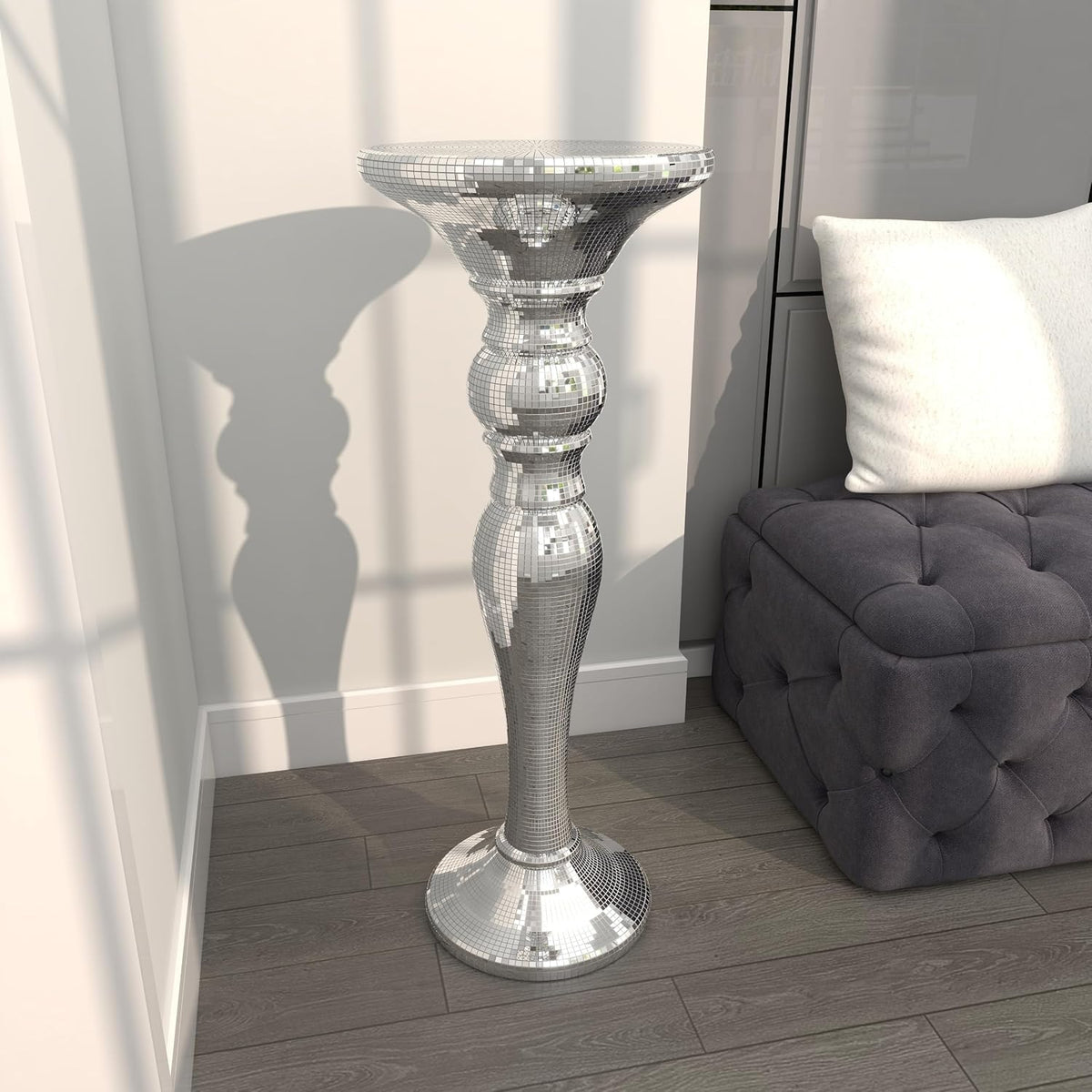 Deco 79 Polystone Round Pedestal Table with Mosaic Mirror Inlay, 14" x 14" x 36", Silver