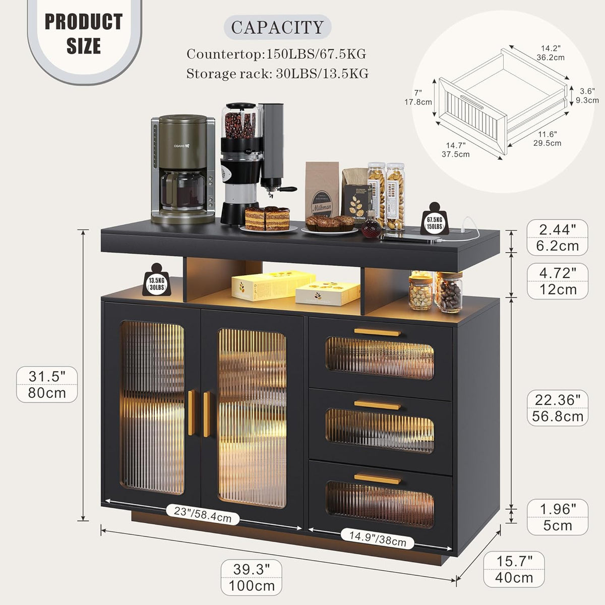 Dystler Coffee Bar Cabinet with Storage, Modern Buffet Cabinet with 3 Drawers and 2 Doors, Sideboard Buffet with Charging Station and Lights, Black