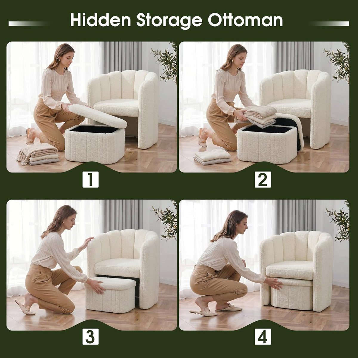 Homkdom Barrel Accent Chair with Storage Ottoman, Teddy Fleece Shell Back, Ergonomic Lumbar Support, Spring Foam Seat, 300 lbs, Reading Chair for Bedroom Living Room Home Office Creamy White