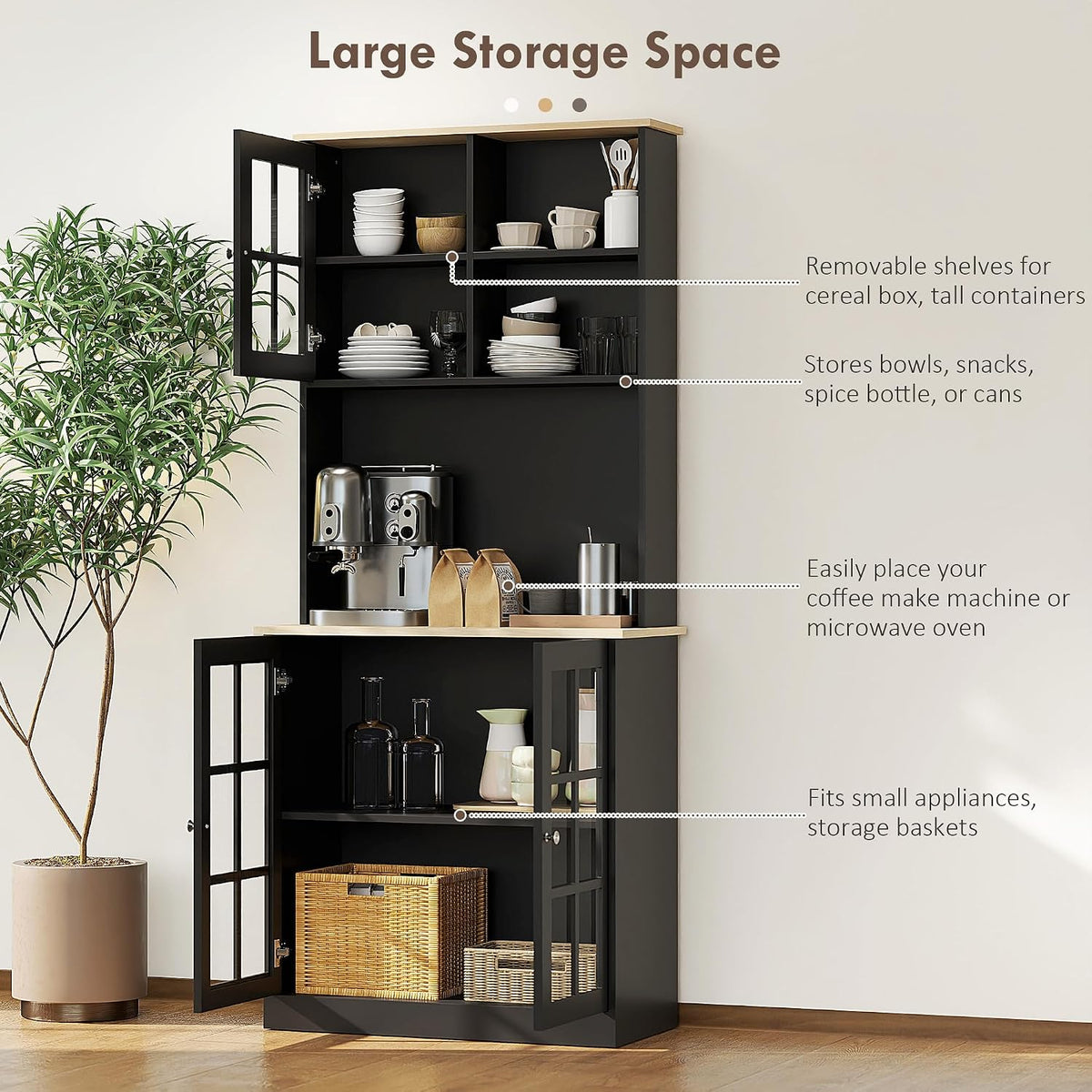 HOMCOM Kitchen Pantry Storage Cabinet 72" with Hutch, Black | Large Countertop, Freestanding, Glass Doors, Adjustable Shelves, Dining Room
