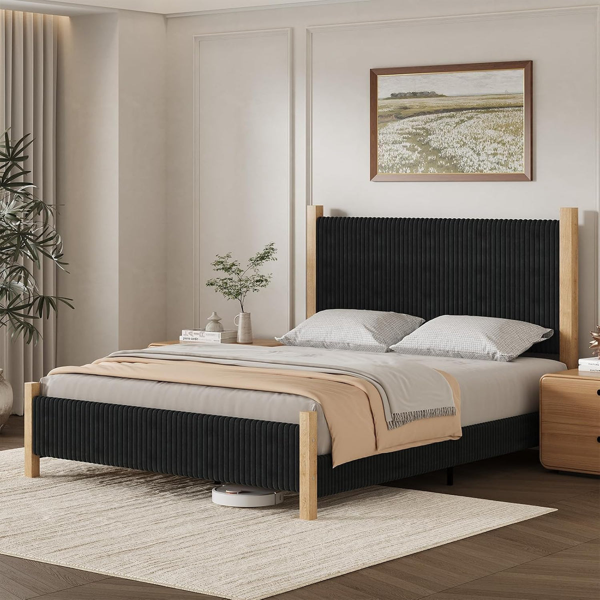 IMMERSTABLE Full Bed Frame with Headboard, Upholstered Platform Bed, Black