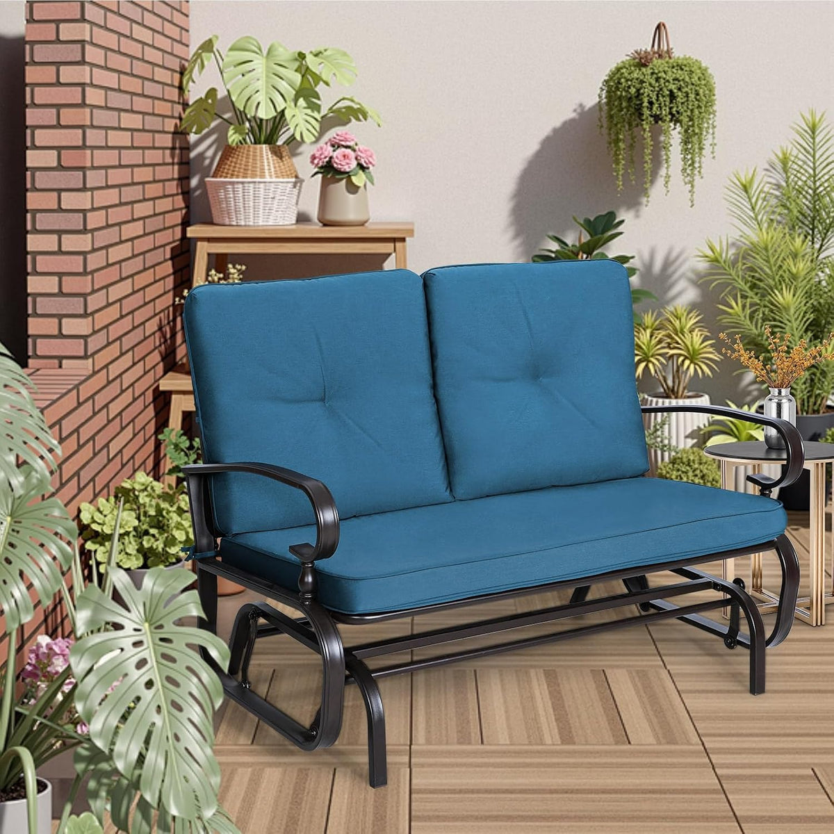 Incbruce Outdoor Swing Glider Rocking Chair Patio Bench for 2 Person, Garden Loveseat Seating Patio Steel Frame Chair Set with Cushion, Peacock Blue