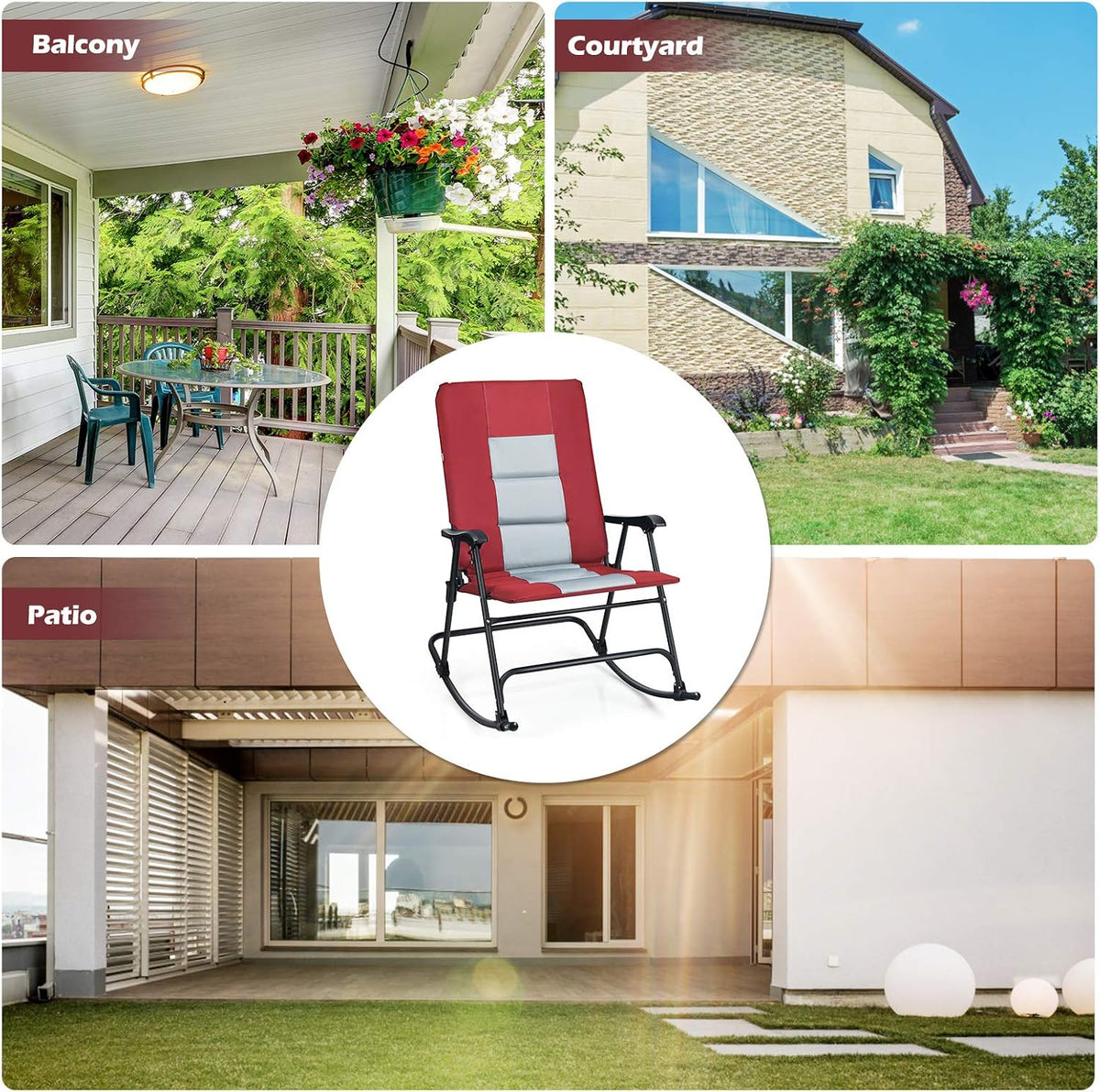 Giantex Camping Rocking Chair Foldable Oversized with Padded Armrest and Seat Folding Lawn Chair 350 lbs Weight Capacity for Outdoor, Patio, Lawn, Backyard, Garden Portable Chair (1, Red)
