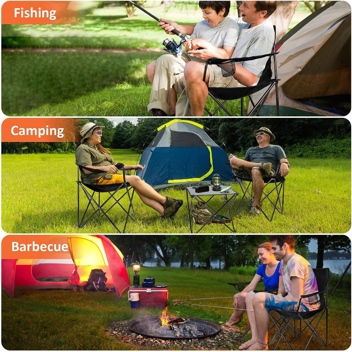 Leonyo 2 Pack Camping Chairs for Adults, Lawn Chairs with Table, Heavy Duty Folding Chairs for Outside Oversized & Comfy Sports Chair for Adults Fishing, Beach, Patio, Hiking, Lawn, Travel - Black