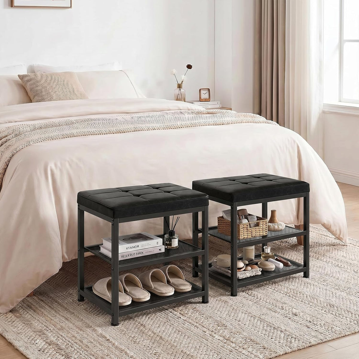 Small Shoe Storage Bench with PU Leather Seat Cushion, 3-Tier Freestanding Shoe Rack Organizer for Entryway, Heavy-Duty Metal Mesh Shelves, Supports Up to 300 lbs, Black (15.7"x11.4"x17.5")