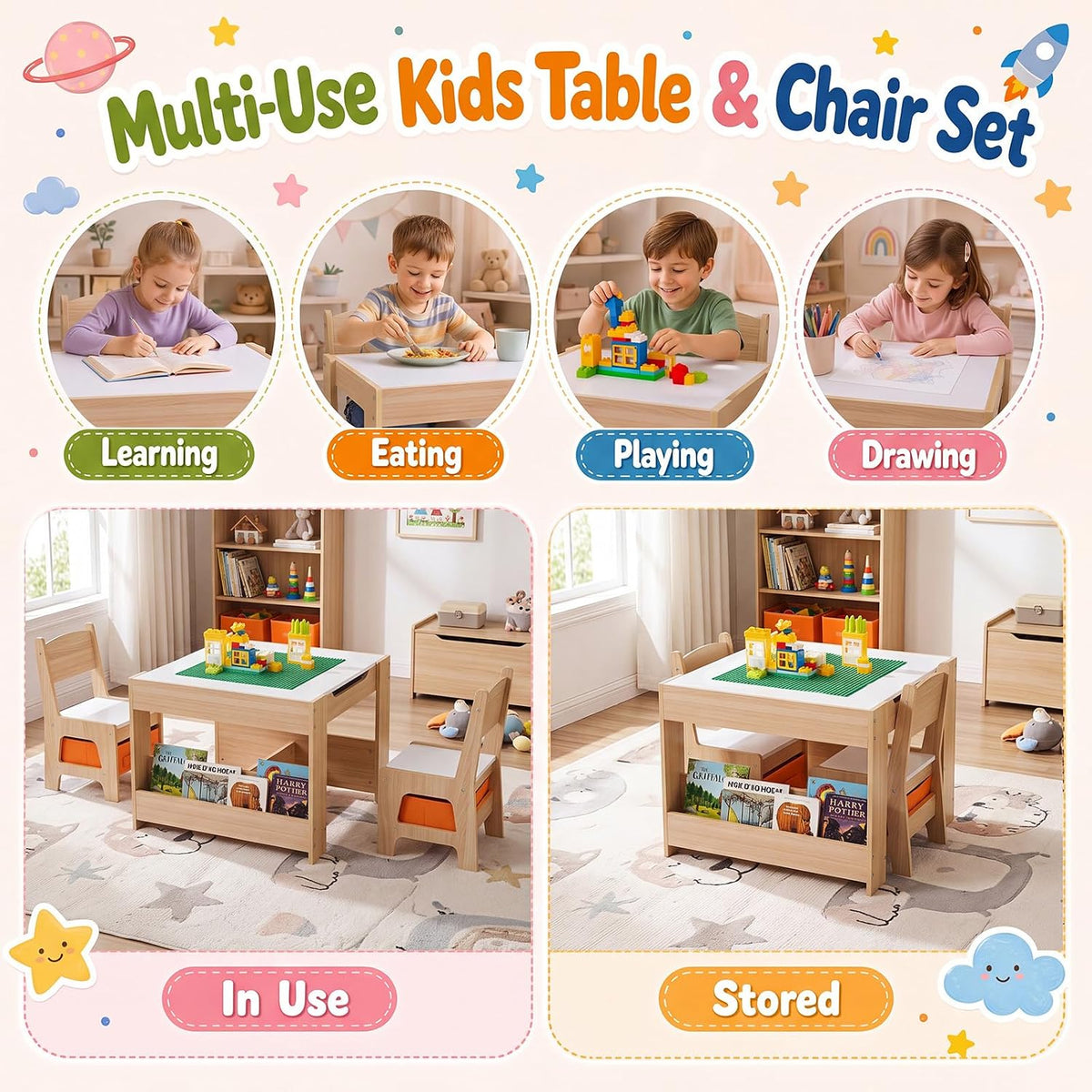 Costzon 4 in 1 Kids Table and Chairs with Building Blocks (Natural) | Wooden Toddler Activity Table Set w/ Detachable Graffiti Tabletop, Blackboard and Storage Drawers for Play, Arts & Crafts