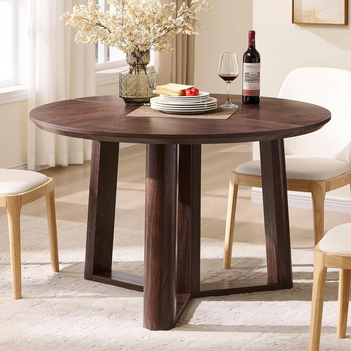 OKD 47" Dining Table for 4-6, Round Dining Room Table with Triangular Structure Pedestal Stable Base, Curved Table Edge, Circle Kitchen Tables for Dining Room, Kitchen, Dark Walnut