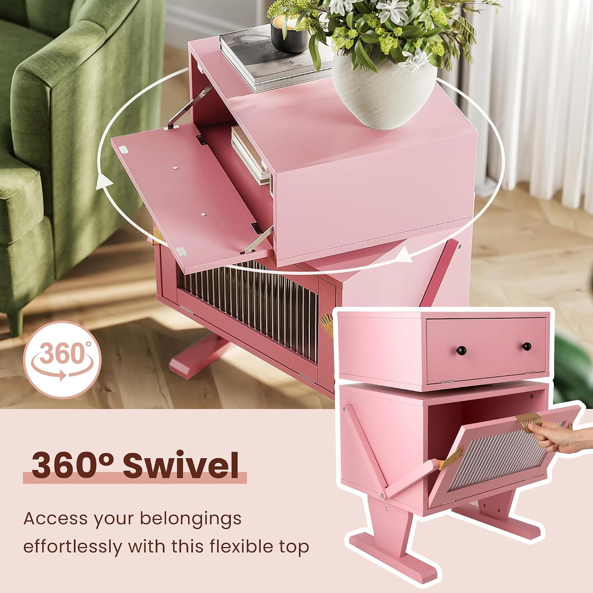 RoyalCraft Nightstand with LED Light Strips, Pink End Table for Bedroom | Modern Bedside Table with 360°Rotating Drawer, Wood Night Stand Cabinet with Glass Door Storage for Living Room, Home Office
