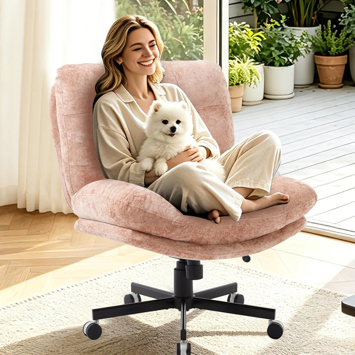 Wide Plush Comfy Criss Cross Rolling Office Desk Chair for Women Pink | 7.09" Thick Cushion, 90-130° Rocking, Height Adjustable, Swivel, Oversized Fabric Reading Chair for Living Room Bedroom