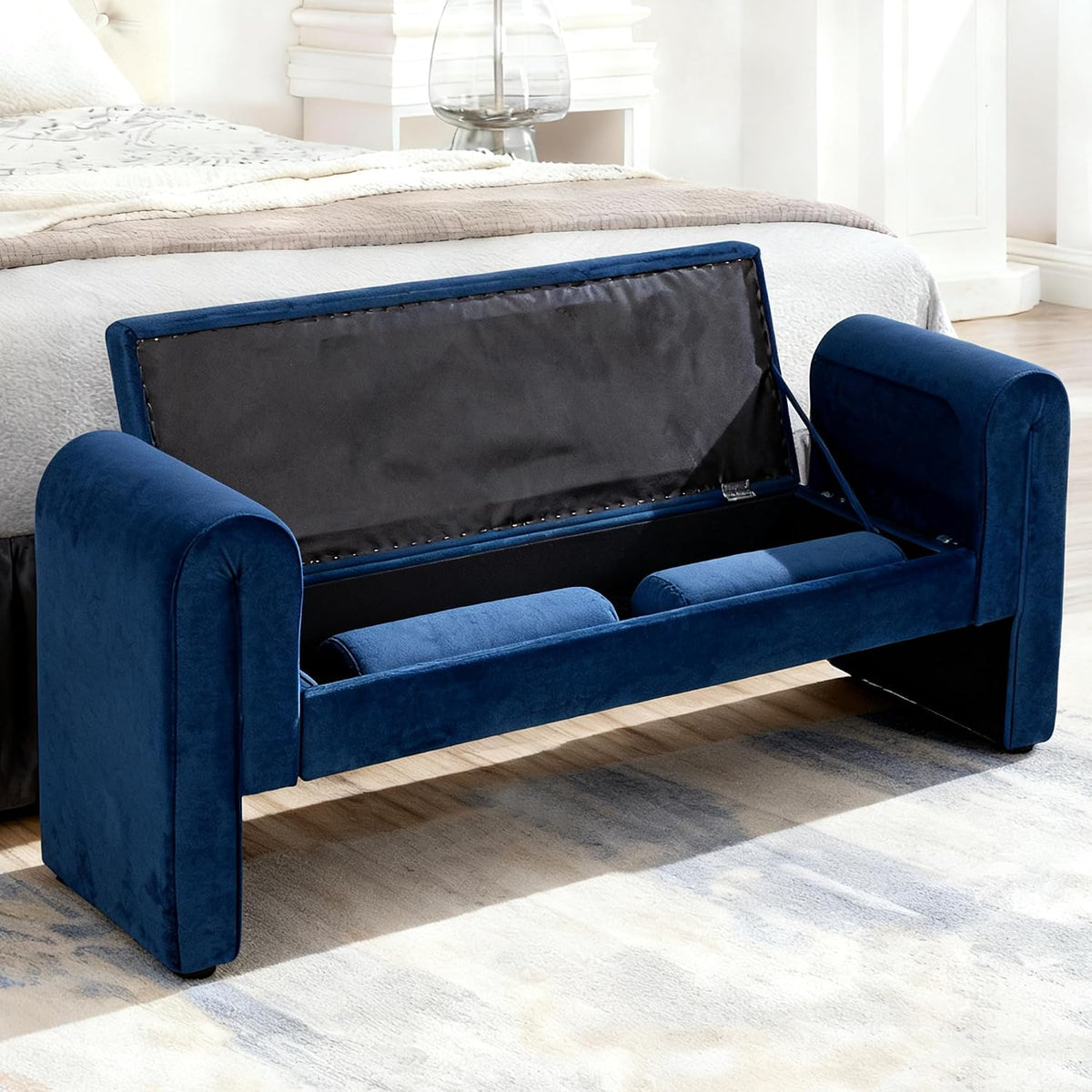 60.5" End of Bed Bench, Velvet Bedroom Bench,King Bed Bench,with 2 Pillows,Upholstered Bench,Suitable for End of Bed, Entryway Living Room,Bedroom. (Velvet Blue)