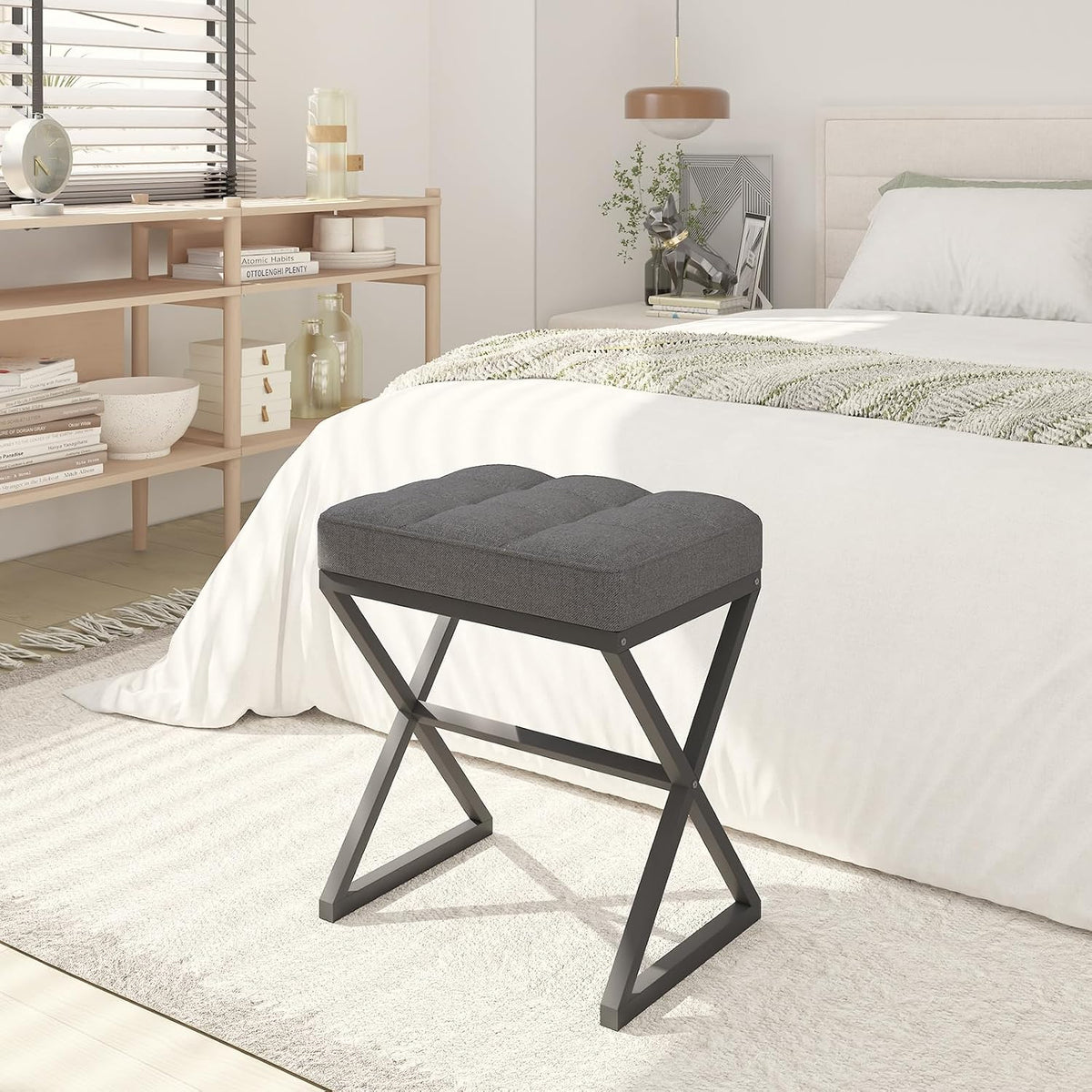 YMYNY Vanity Stool, Linen Footrest, Ottoman Bench with X-Shaped Metal Legs, Makeup Dressing Stool for Vanity, Living Room, Bedroom, Entryway, Hallways 15.74" D×11.81" W×18.11" H Grey UHBD033G