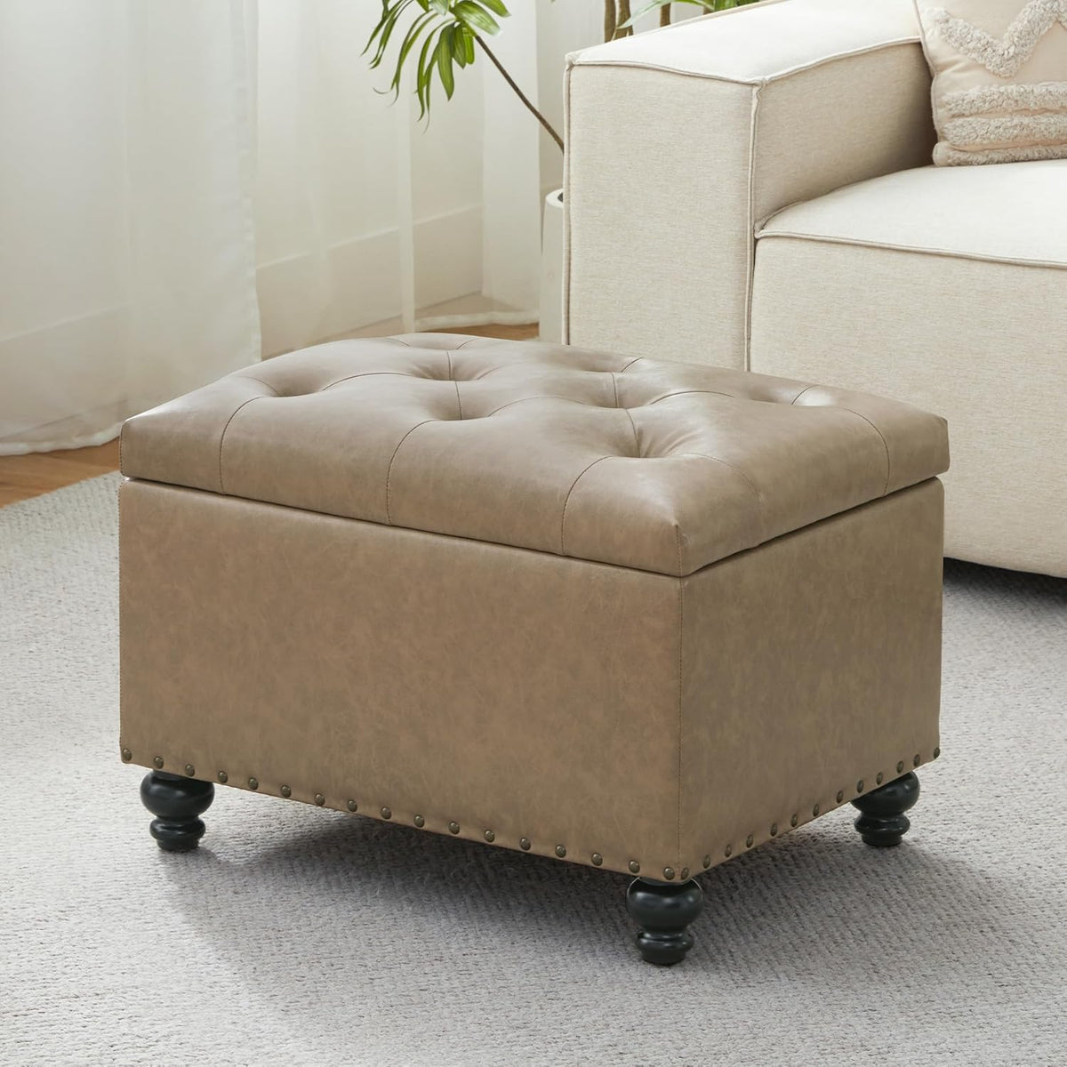 Zihanhome Leather Ottoman with Storage, Upholstered Button Tufted Ottoman Foot Rest, Foot Stools, 24" Rectangle Ottomans with Storage for Living Room, Bedroom, Dorms and Apartments (Taupe Brown-PU)